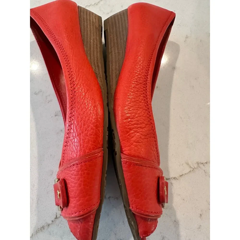Tory Burch Orange Coral Peep Toe Leather Wedge Pumps Size 10M Gold Logo Office